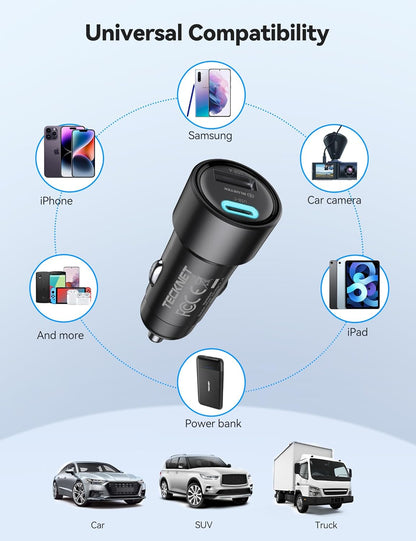 USB Car Charger[2Pack], 48W 2-Port Cigarette Lighter Fast Chargering, PD&QC3.0 USBC Car Charger Adapter Compatible with Iphone 17/16/15/14 Pro Max/Plus Galaxy
