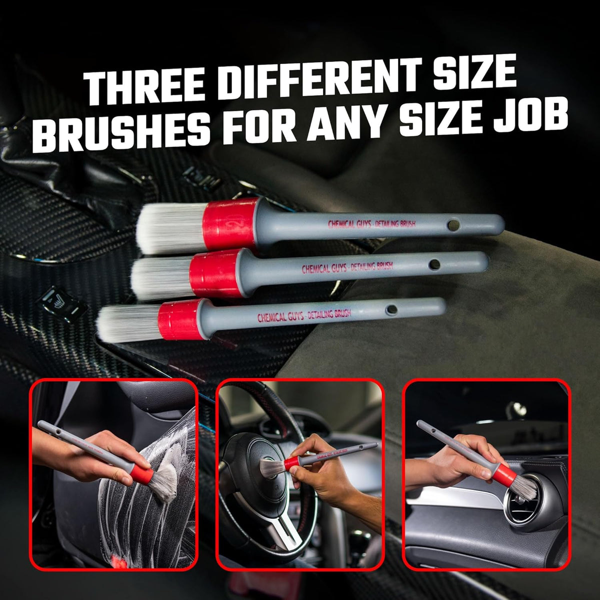 , All in the Details Interior Detailing Brush Set, 3-Piece | Three Soft, Durable Brushes Reach Vents, Consoles, Buttons and Trim to Lift Dust and Grime from Tight Spots