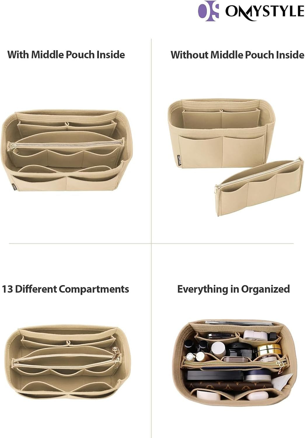 Purse Organizer Insert, Felt Tote Bag Organizer Insert with 5 Sizes, Handbag Dividers for inside Purse, Compatible with Longchamp, Neverful, Speedy and More